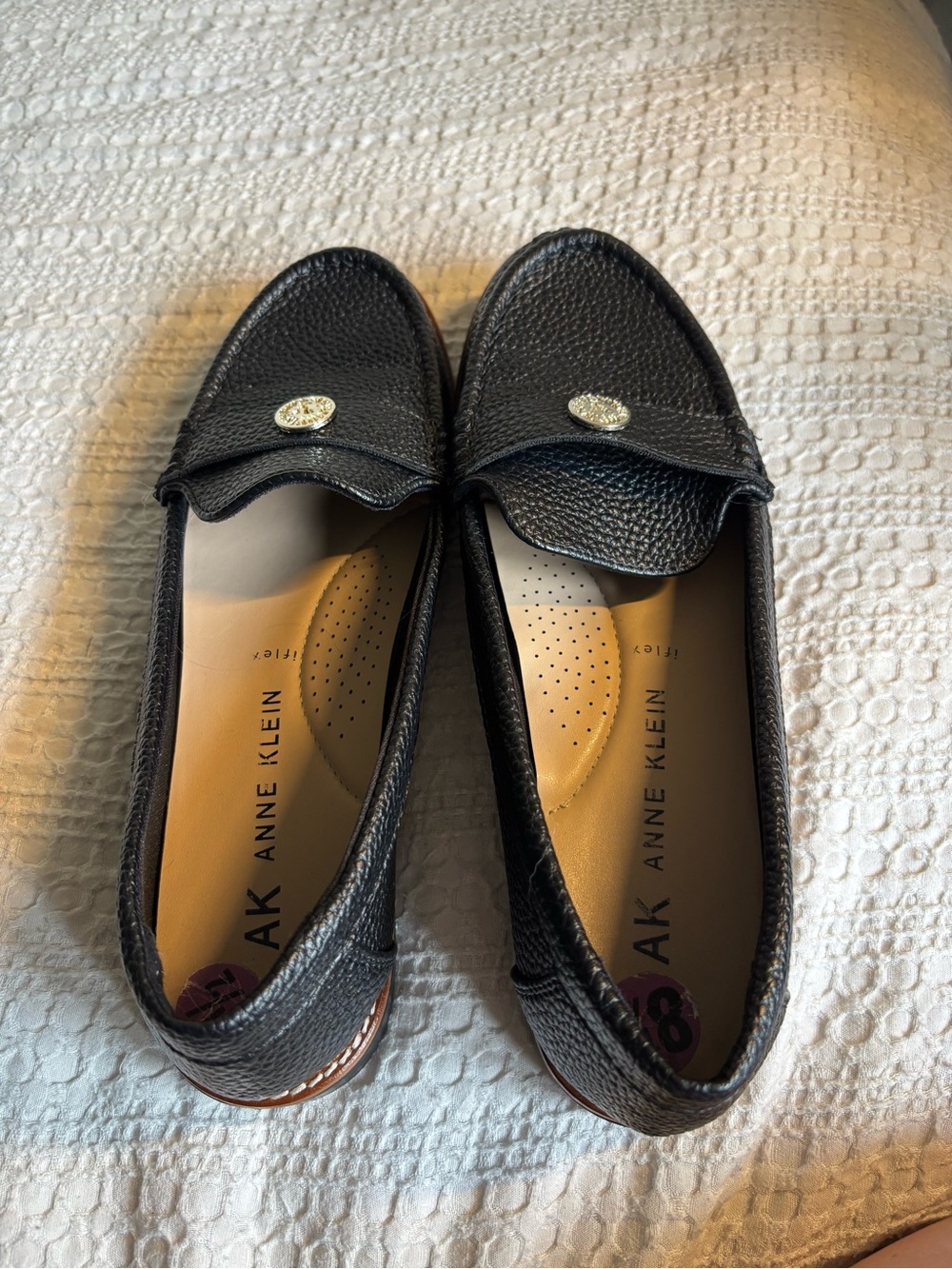 Anne Klein Black Pebbled Leather Penny Loafers with Gold Emblem - Picture 4 of 5